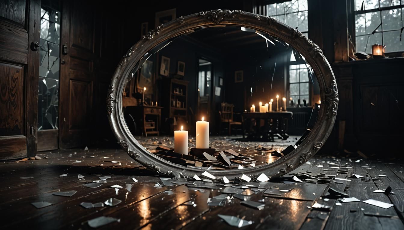 Eerie Reflections in Broken Mirror: Hyperrealistic Photograp...