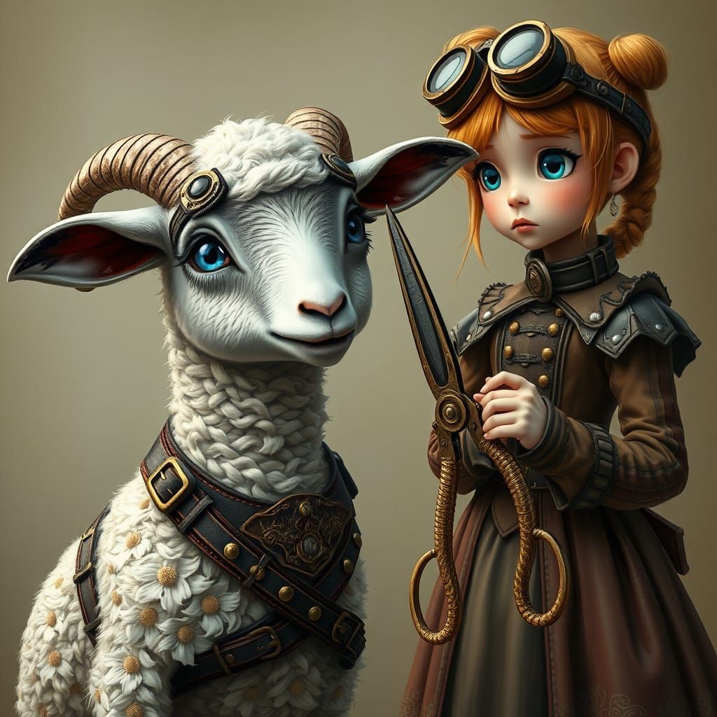 Nervous Steampunk Lamb Faces Shears in Victorian Scene