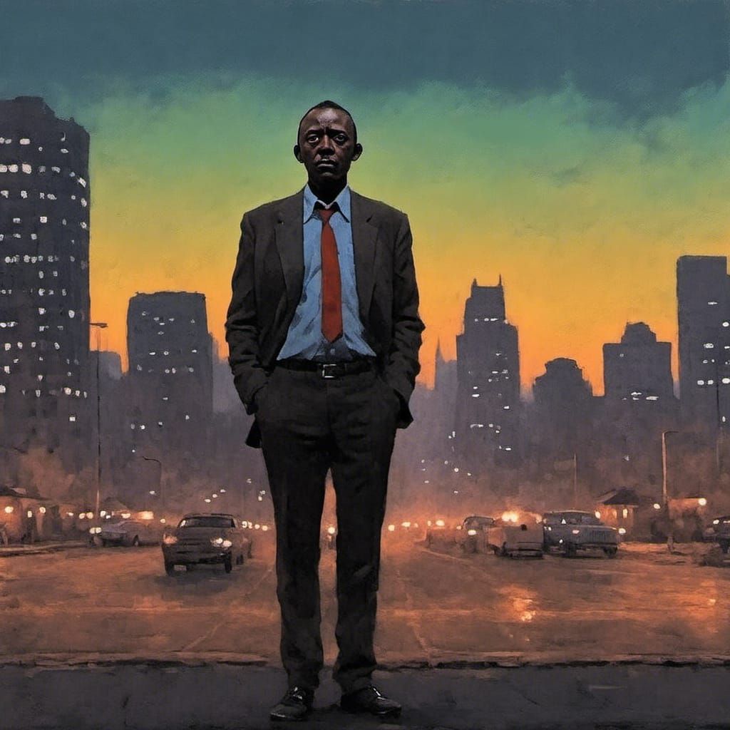 Man in Suit in Cityscape at Dusk