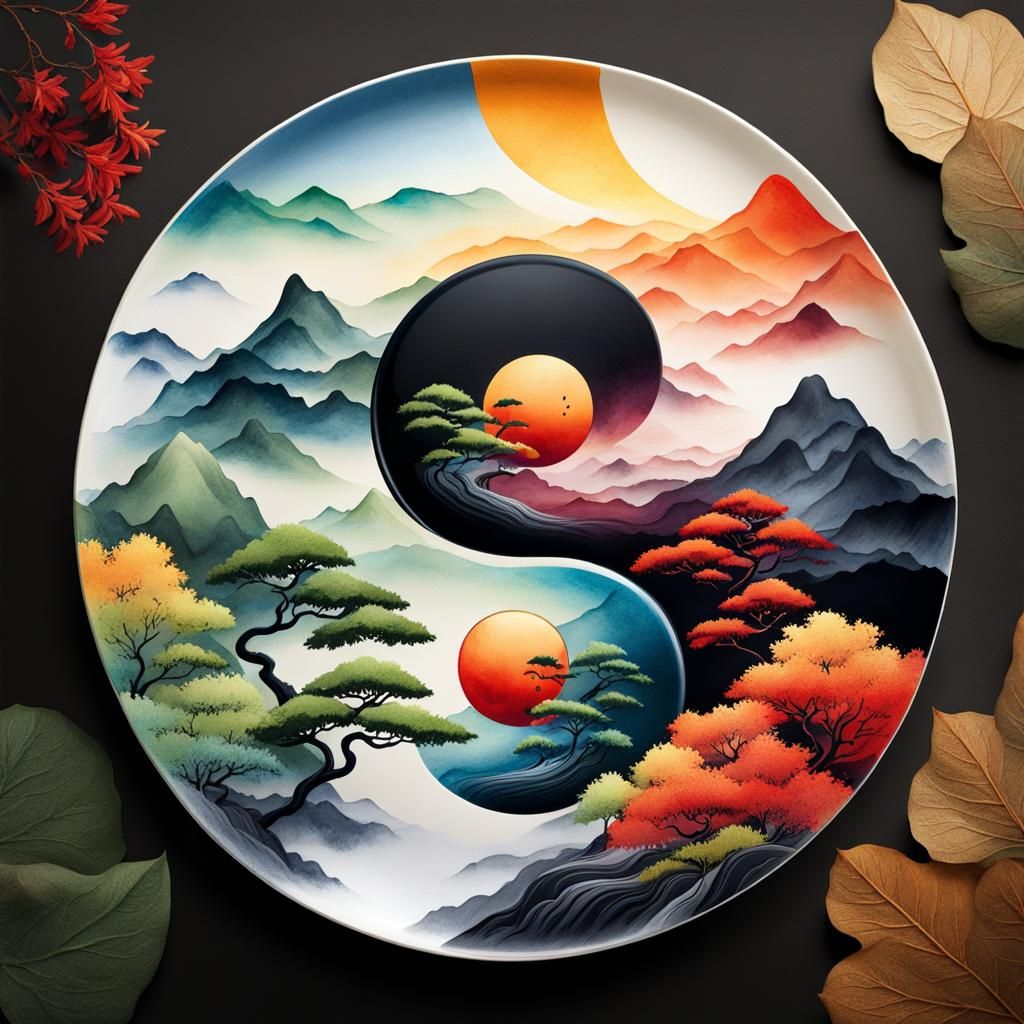 Yin and Yang Symbol with Chinese Landscape