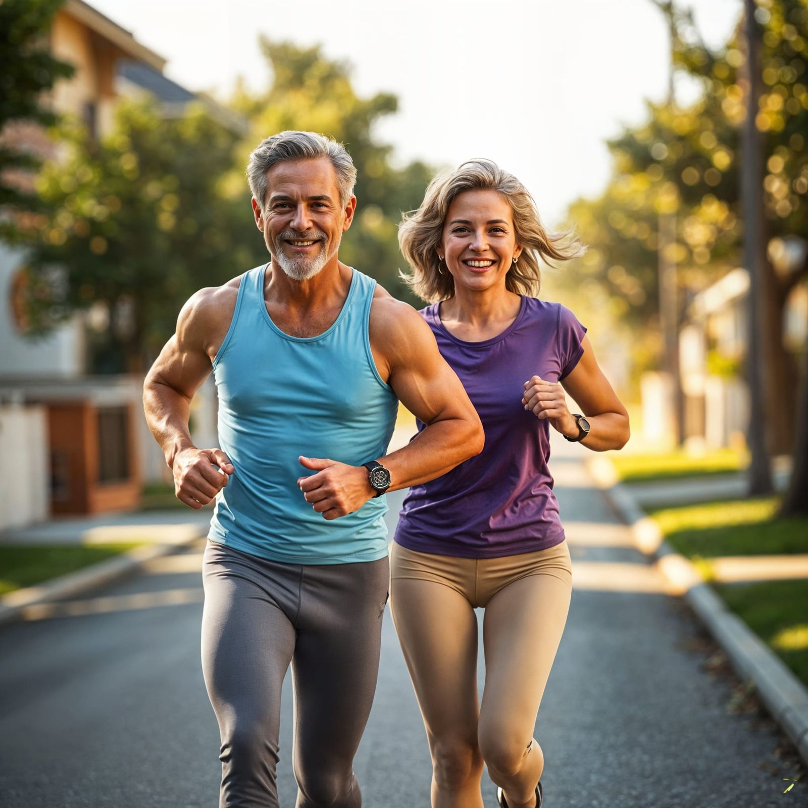 Energetic Senior Couple Exudes Joyful Summer Morning