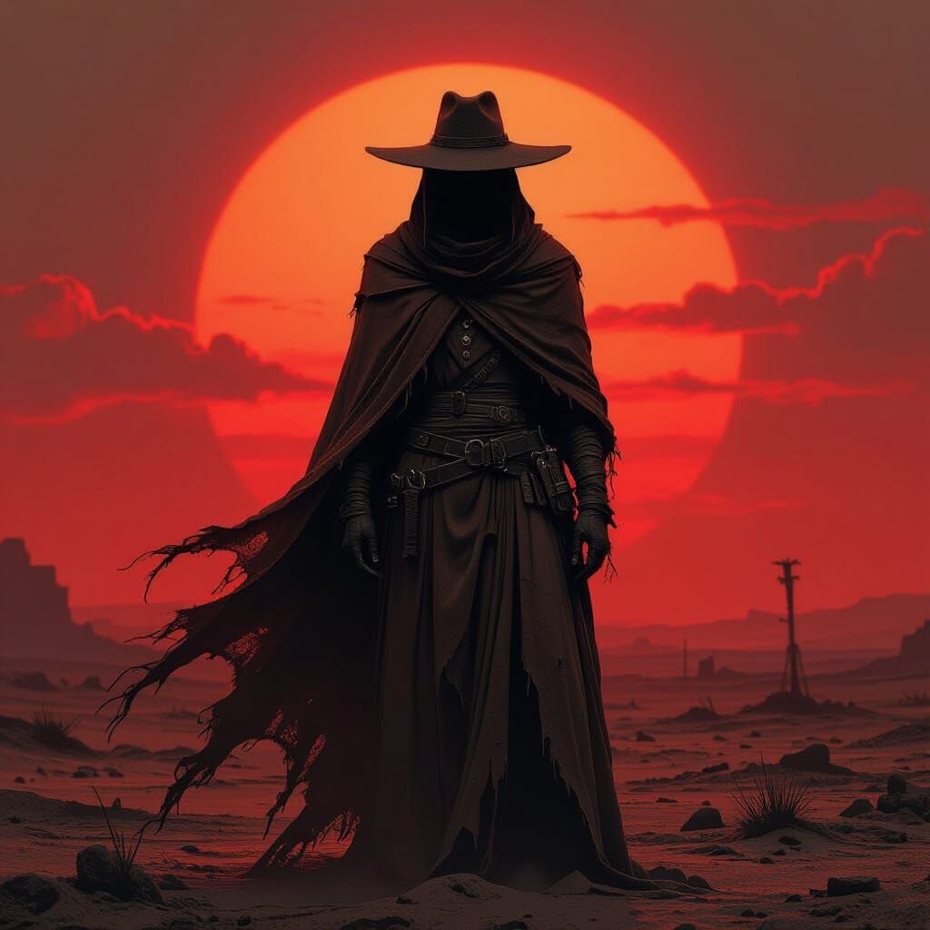 Lone Figure in Wasteland Sunset: Dark Surrealism