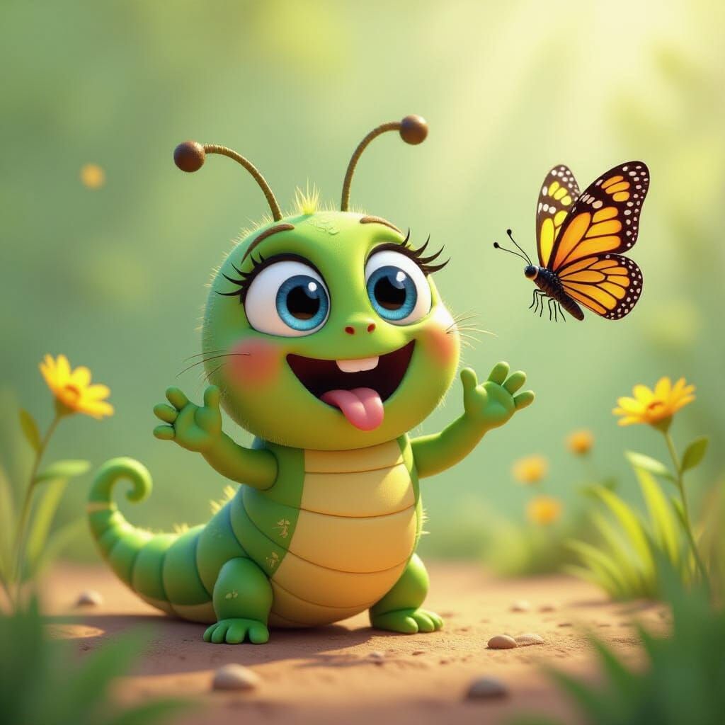 Cartoon Caterpillar Waving at Butterfly in Pixar Style