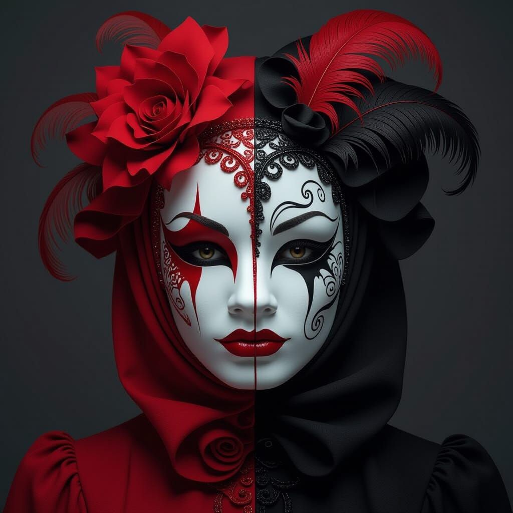 Dual-Faced Mask Symbolizing Deception in Dark Red Tones