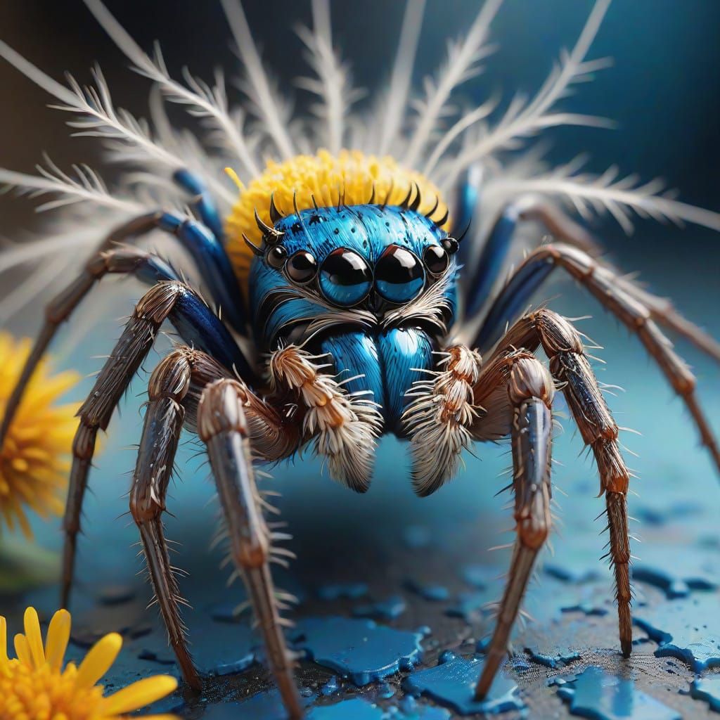 Electric Blue Spider in Delicate Dandelion Landscape