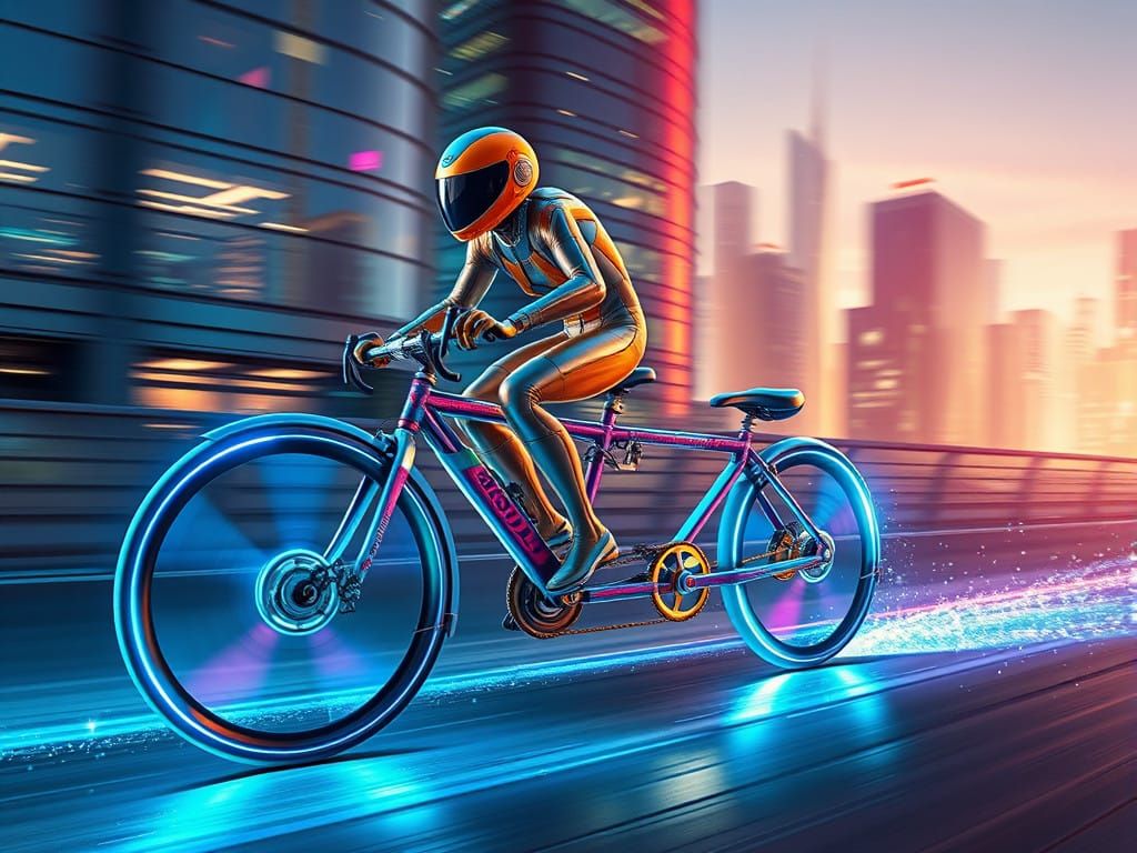 Glowing Space-Age Tandem Bicycle Zooms Through Futuristic Ci...