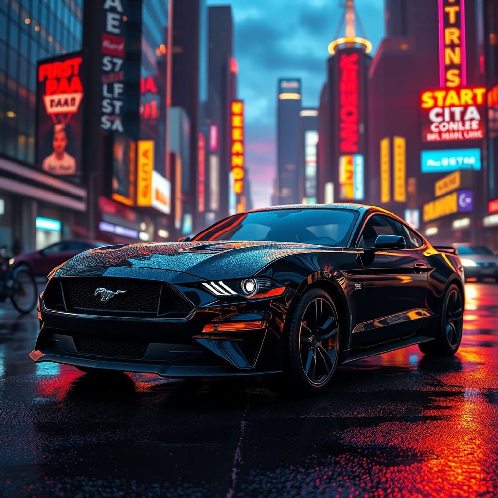 Neon Cityscape Mustang in Matte Painting Style