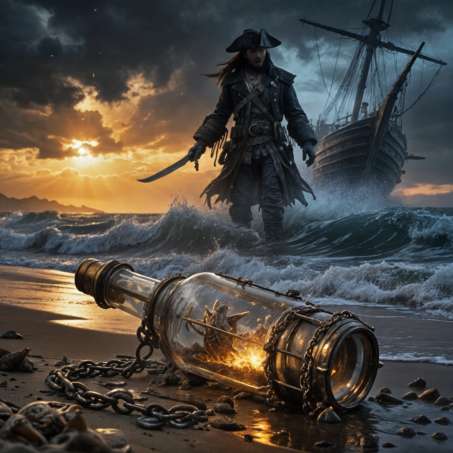 Mysterious Ghostly Pirate Bottle on Stormy Twilight Beach