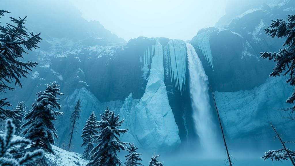 Glacial Waterfall Plunging into Icy Abyss