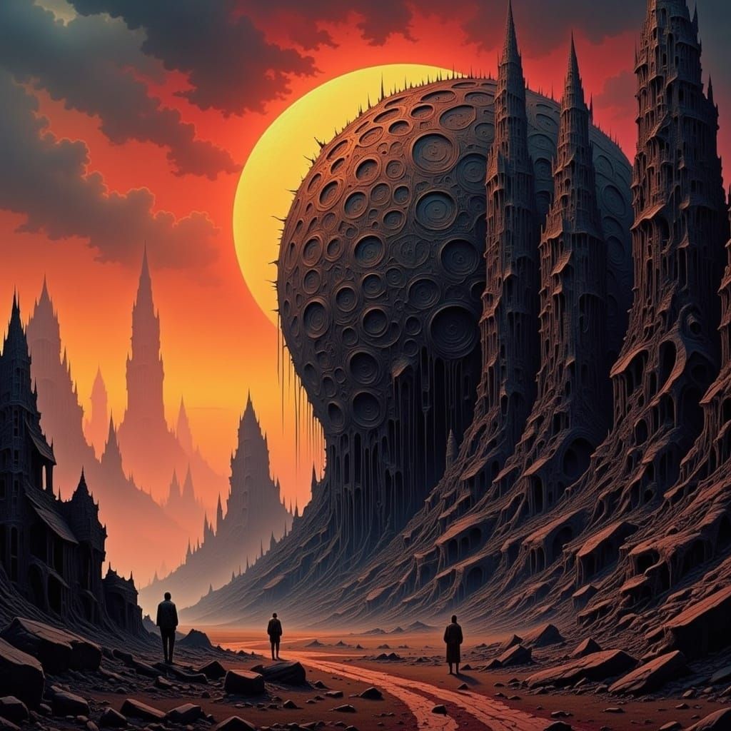 Surreal Dystopian Landscape with Nightmarish Figures