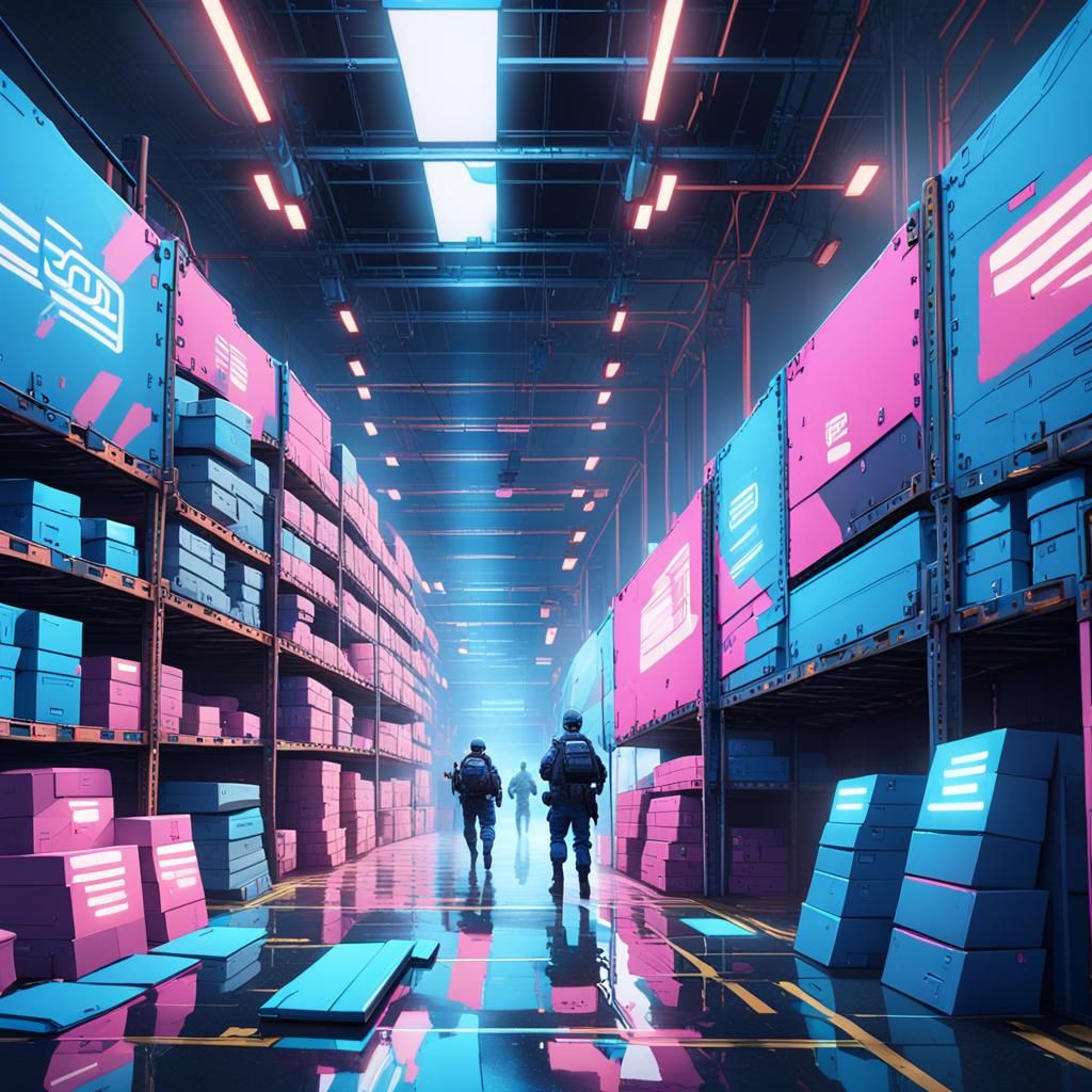 Futuristic Underground Military Warehouse with Neon Illumina...