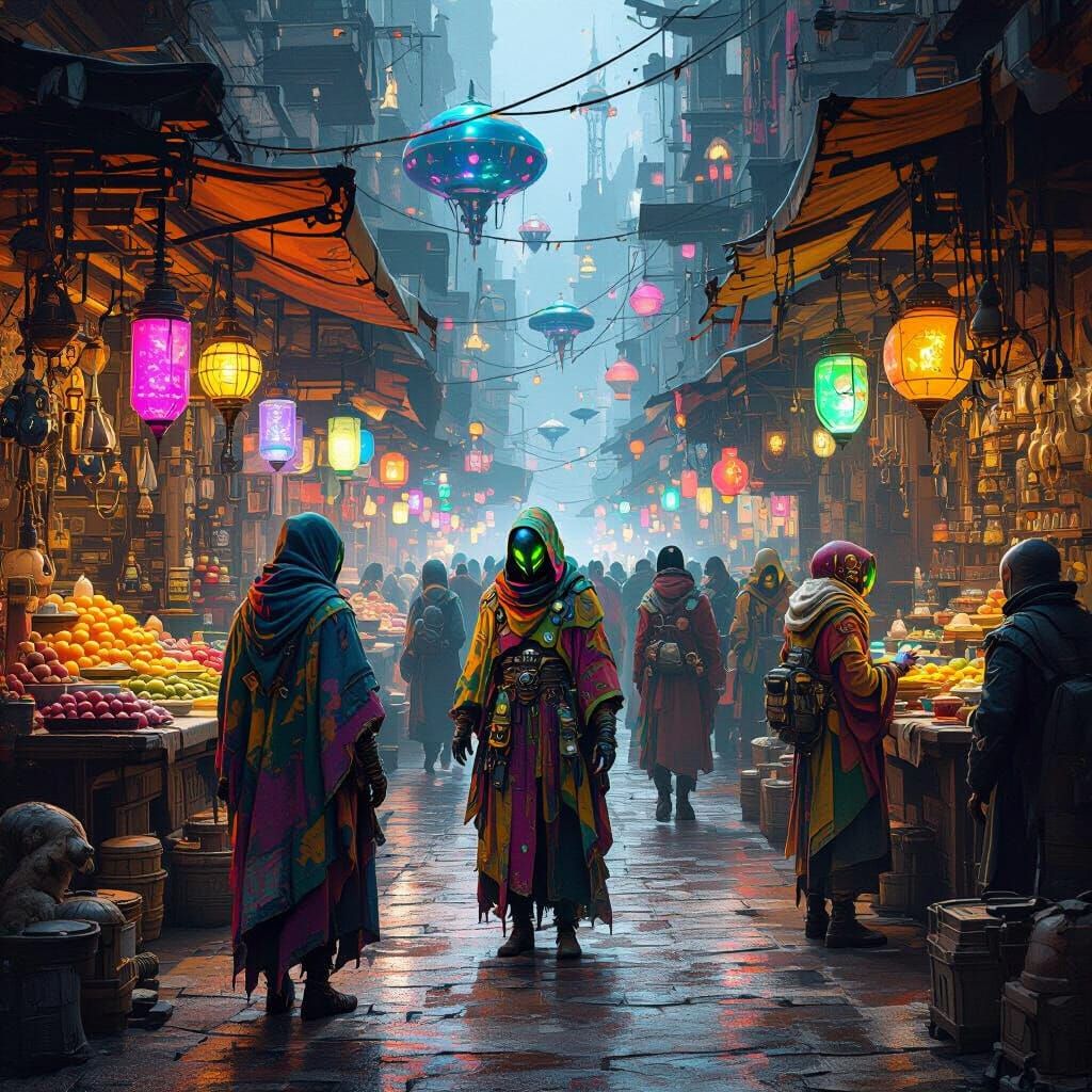 Bustling Alien Market with Steampunk Gadgets