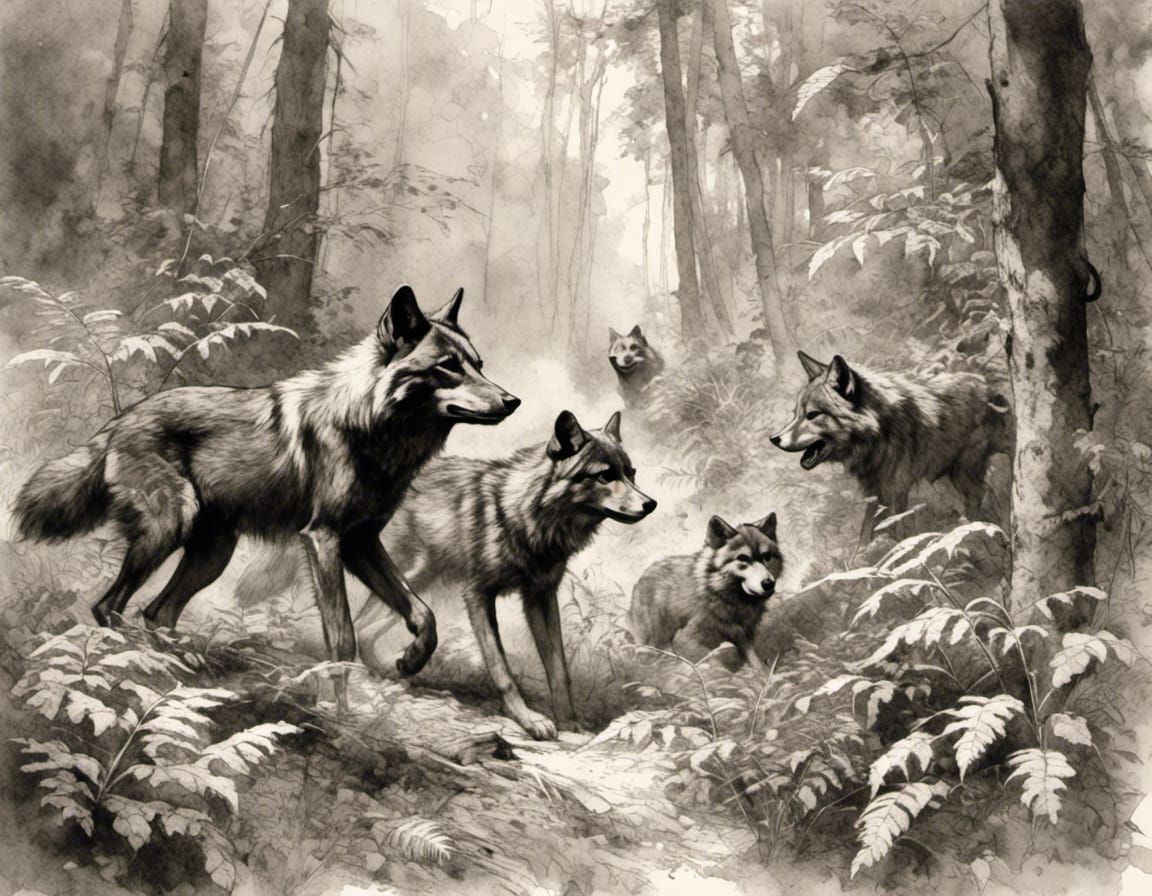 Wolf Pack in Pine Forest Sketch
