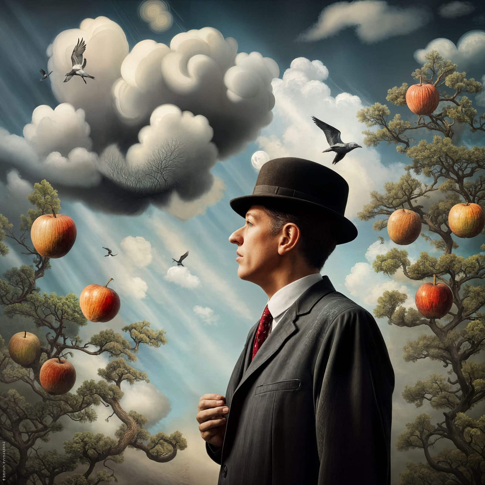 Surreal Composition in Magritte Style, Hyperrealistic