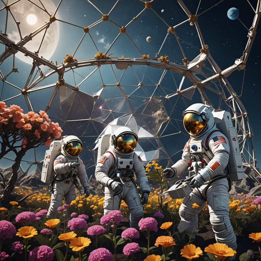 Lunar Gardeners: Men Tend Flowers in Moon Dome