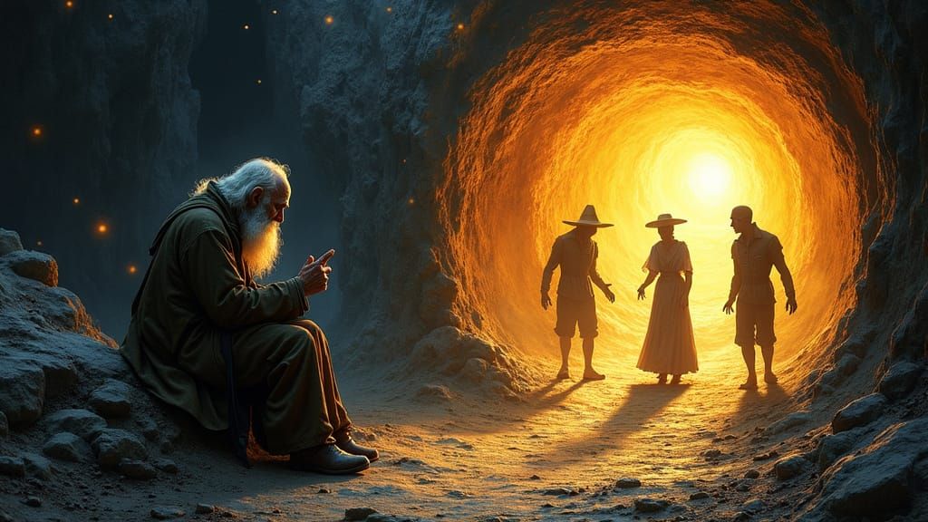 Ethereal Cave Scene in Whimsical Street Art Style