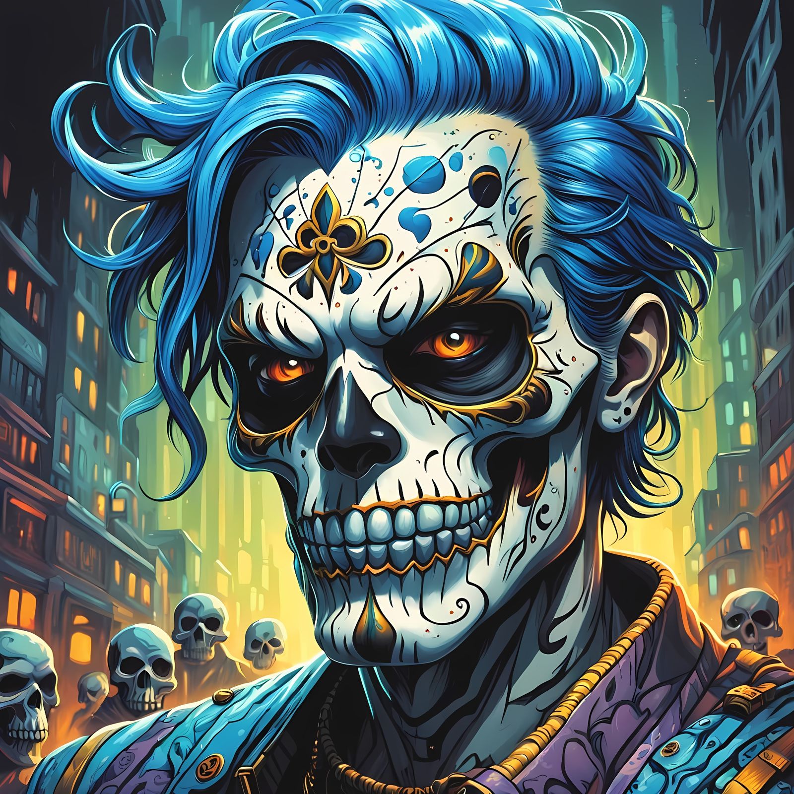 Sugar Skull Joker with Blue Hair in Graffiti Art Style