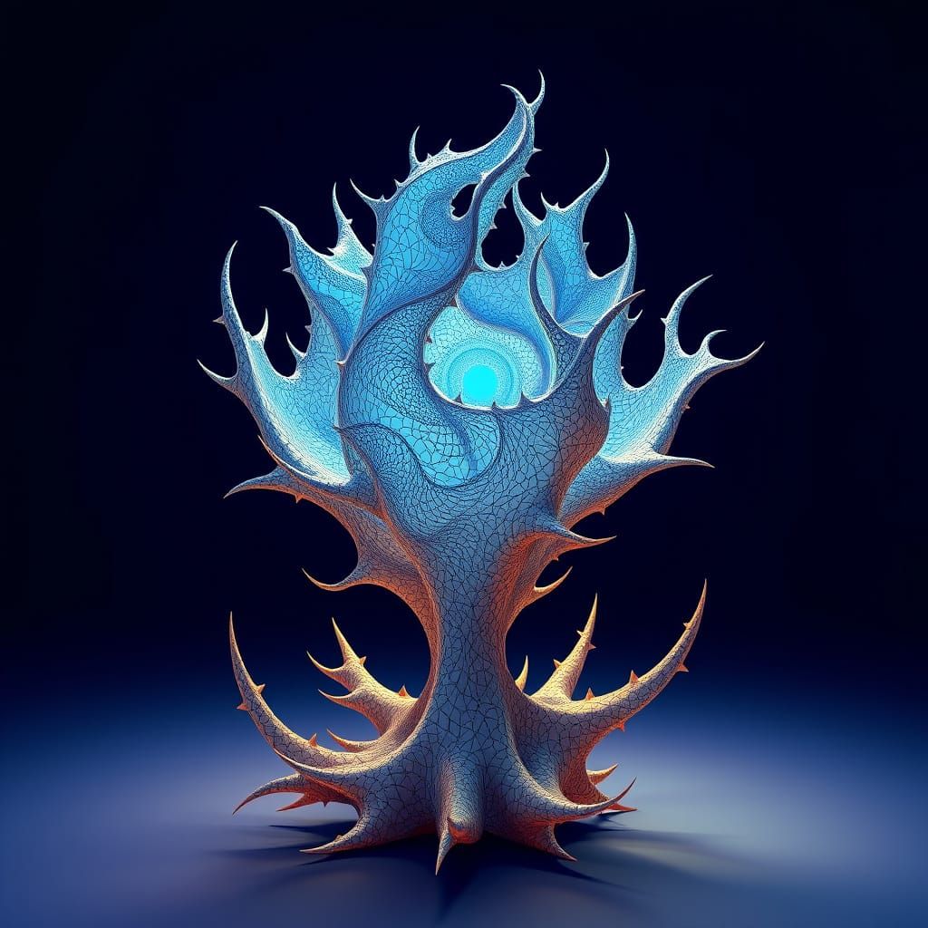 Abstract Fractal Sculpture of Thorny Plant in Blue Indigo