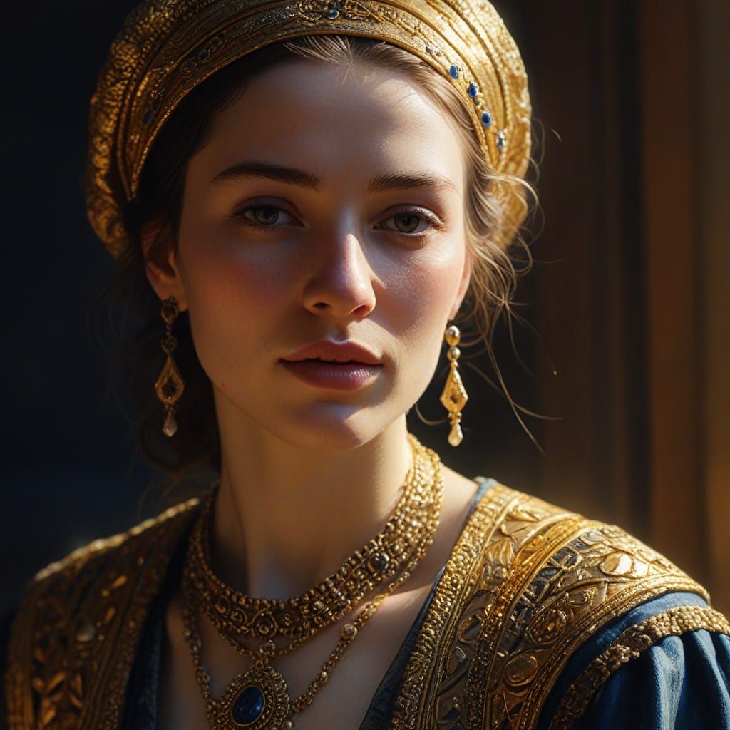 Woman in Oil Painting with Golden Light