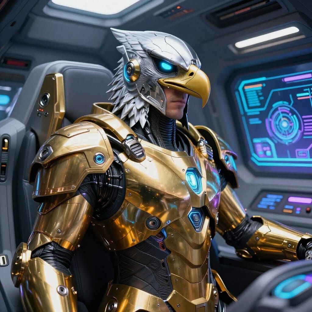 Futuristic Gold Warrior Pilots Spacecraft with Eagle Helmet
