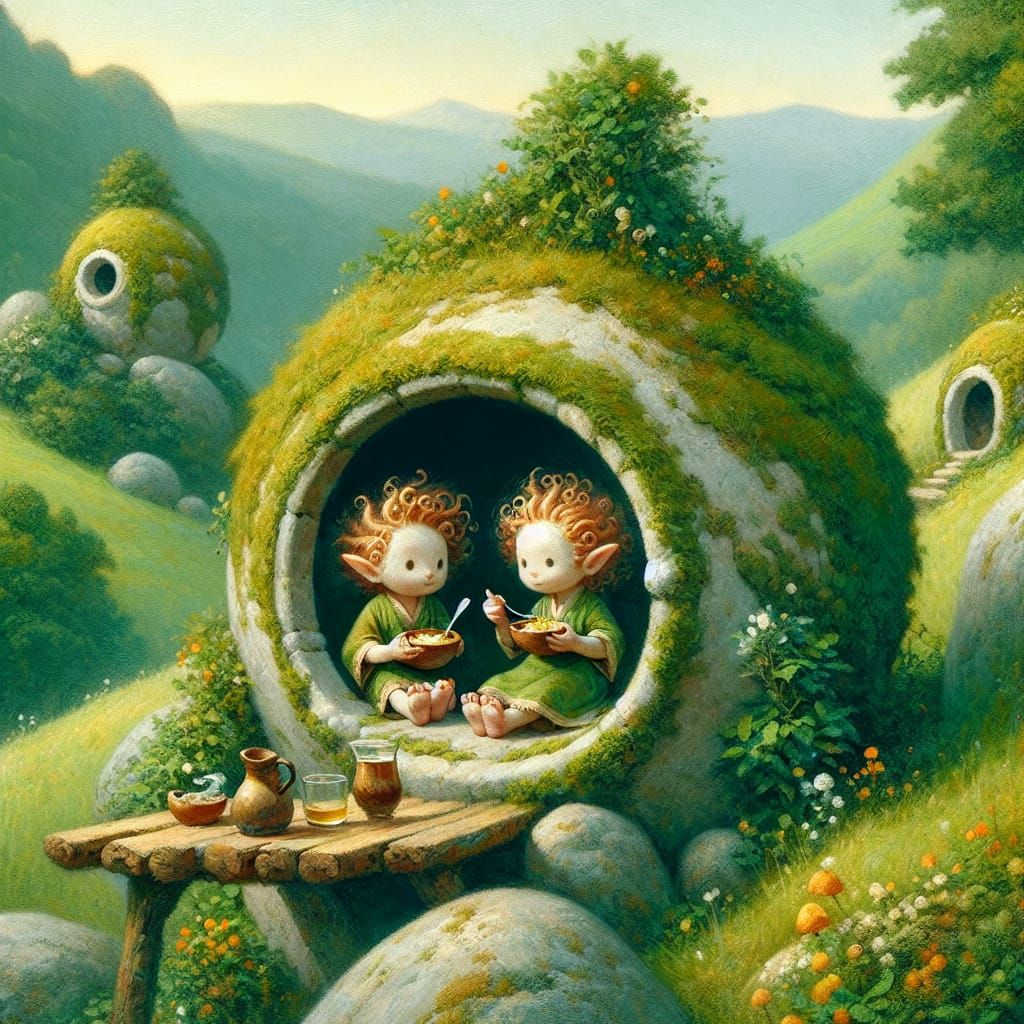 Hobbits' Second Breakfast in Shire, Romantic Oil Painting