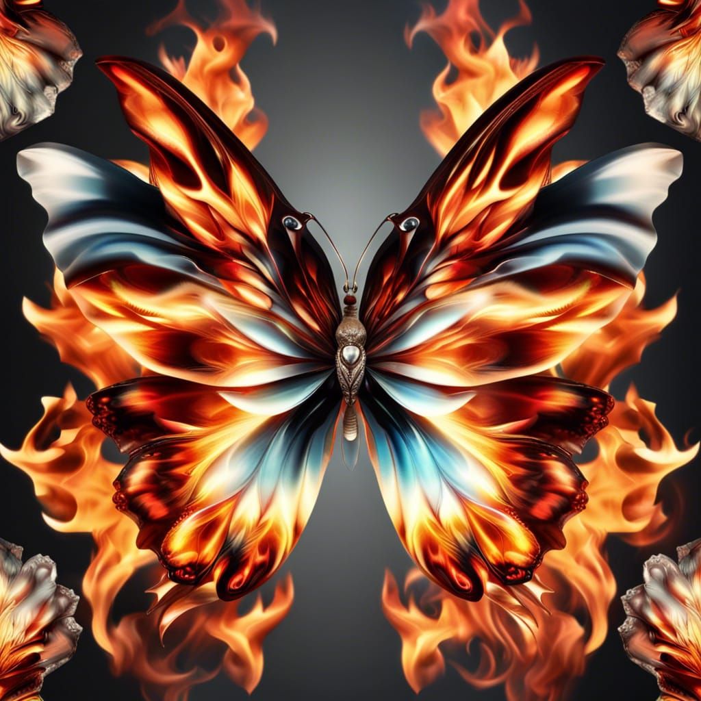 Fiery Butterfly on Diamond Flower in Hyperrealism