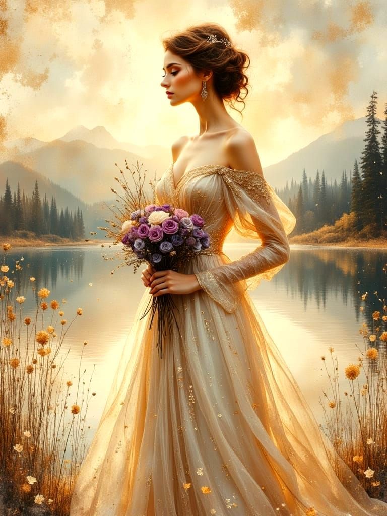 Elegant Lady with Roses in Dreamscape Landscape
