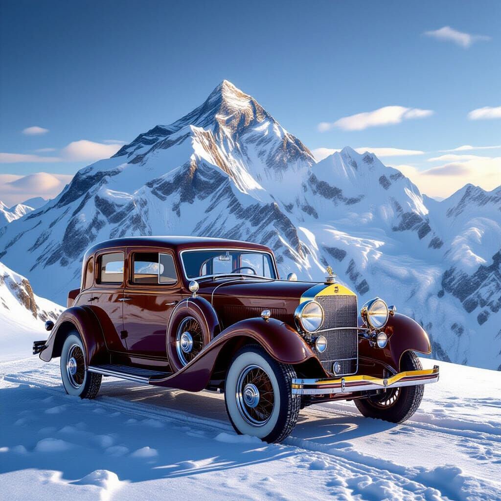 Vintage Car at Mount Everest Summit in Golden Hour