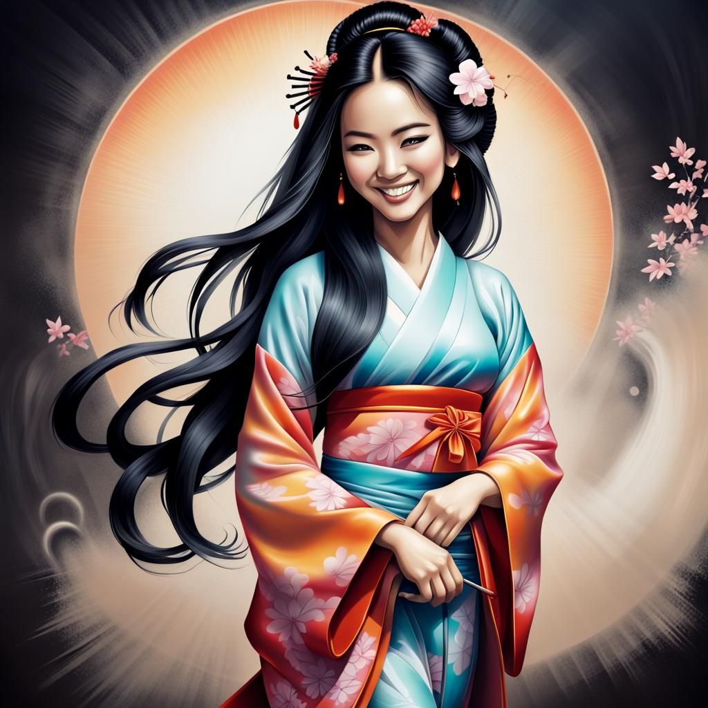 Smiling Asian Woman in Geisha Outfit, Airbrush Illustration