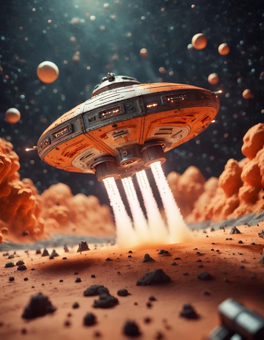 Elegant Spaceship Speeds Through Cosmic Nebula: Retro Sci-Fi