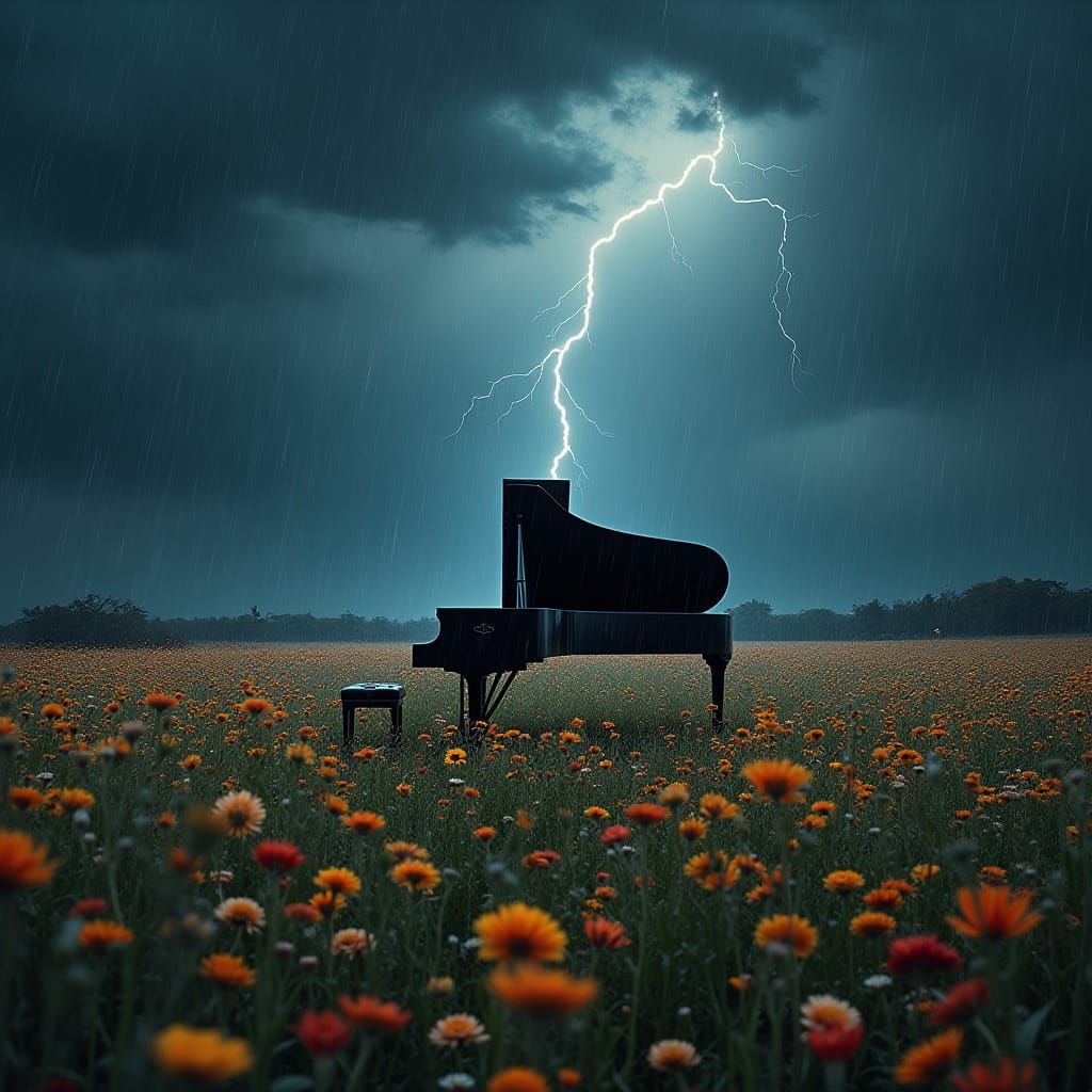 Piano Under Stormy Sky, Dramatic Atmospheric Lighting