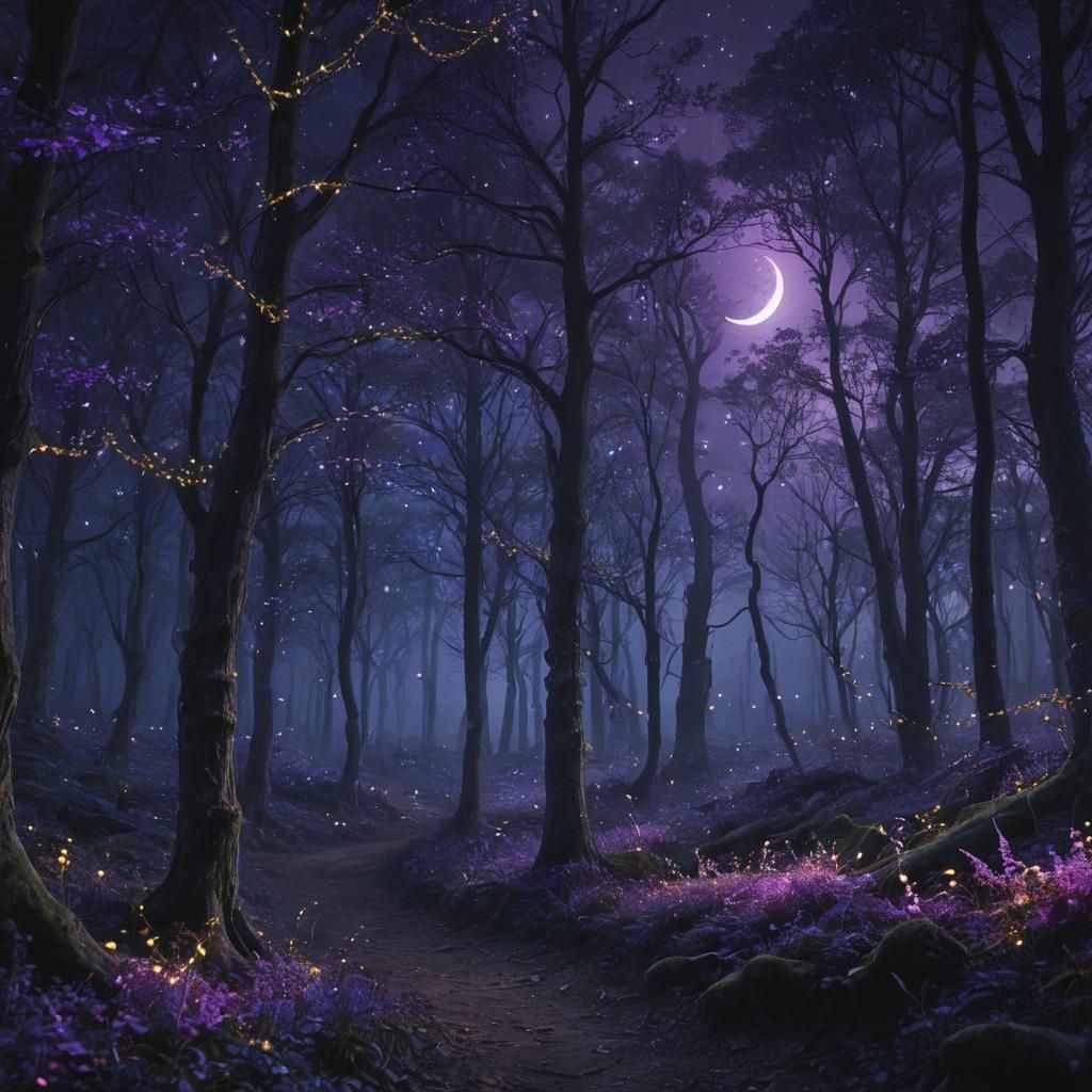 photo realistic. purple aesthetic. nighttime. crescent moon. no people. dark enchanted forest with fairy lights
