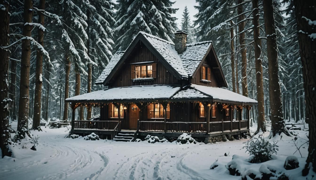 Cozy Rustic Cottage in Snowy Forest, Cinematic Photo