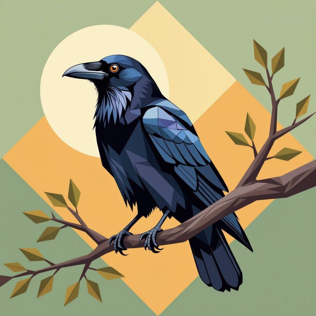 Geometric Raven Portrait on Branch