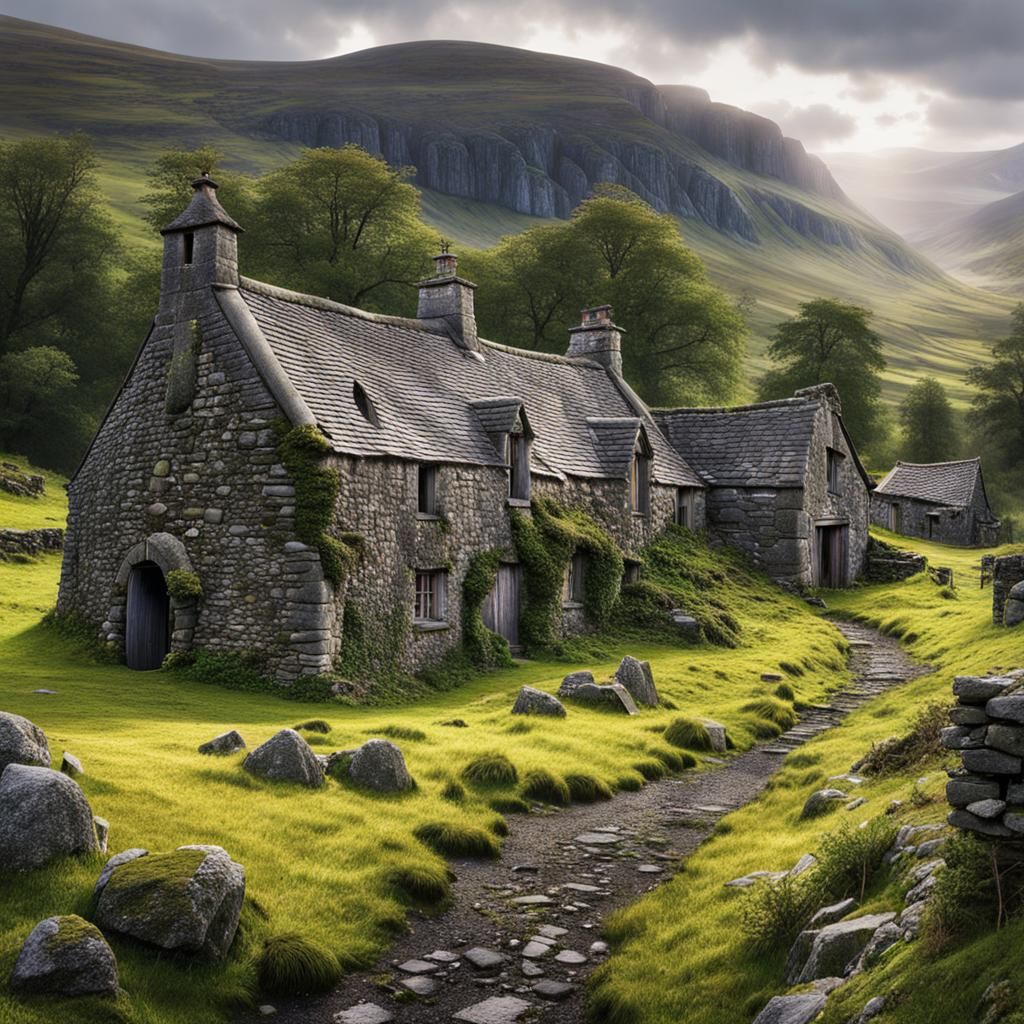 Ancient Village in the scottish highland country of old stone houses, barns, and buildings, abandoned, derelict, overgro...
