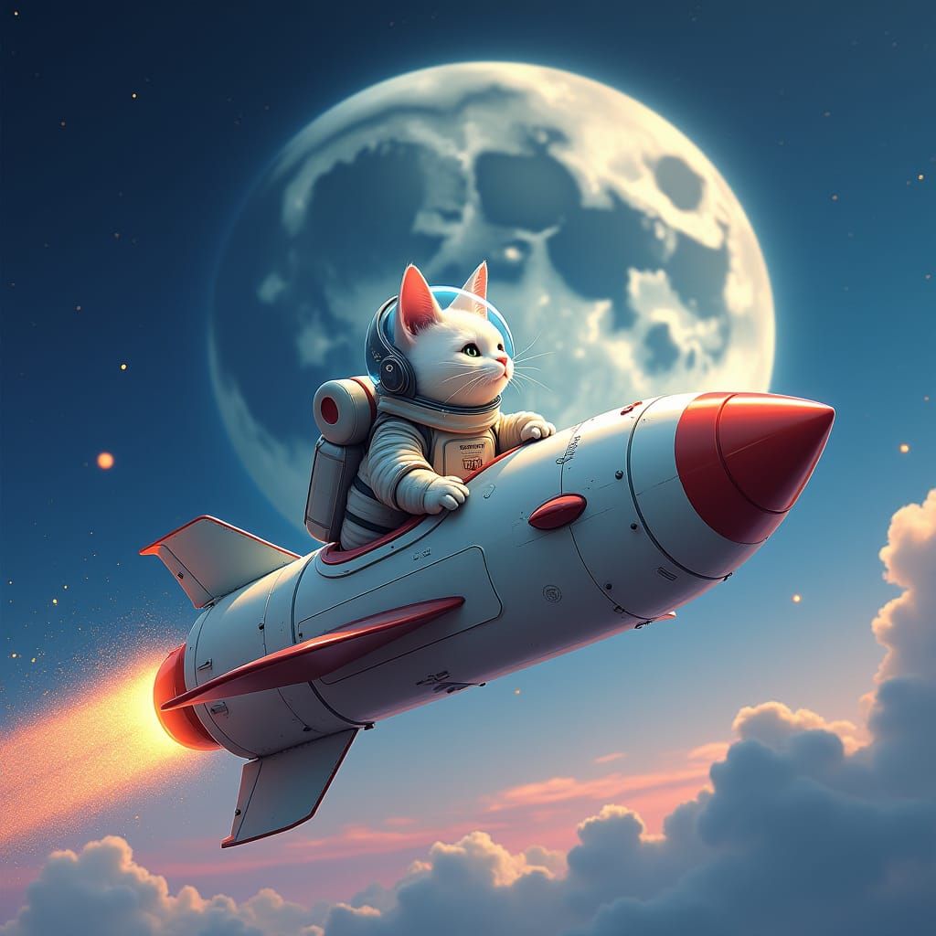 Cat in Spacesuit Soaring to the Moon