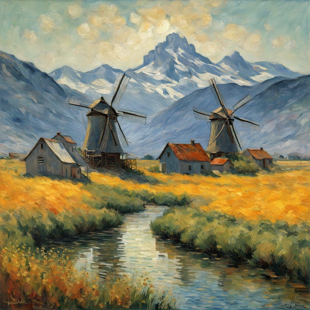 Windmills Along the Mountain in Impasto Gouache Style
