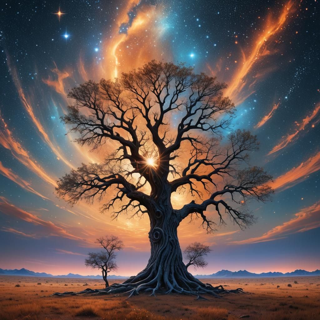 Glowing Tree Under Starry Sky: Matte Painting