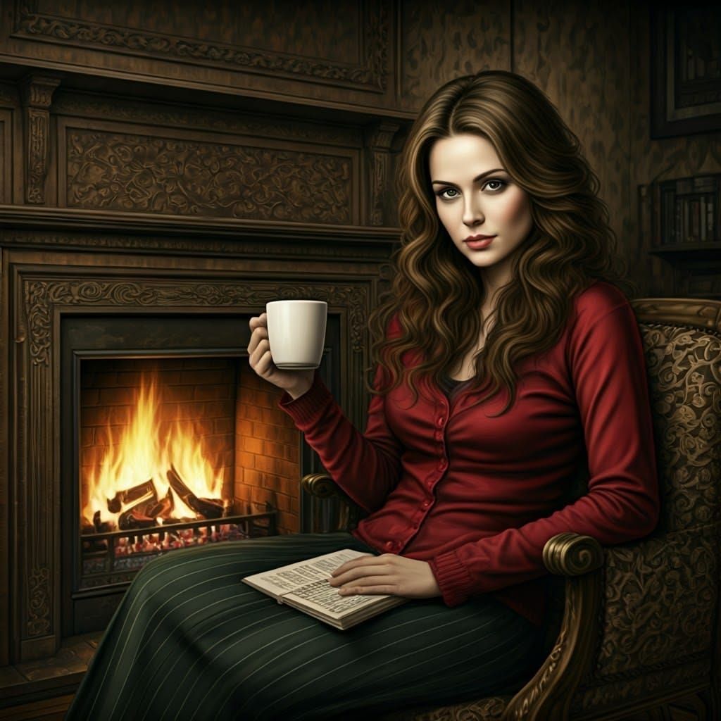 Realistic Woman Enjoying Coffee by Fireplace