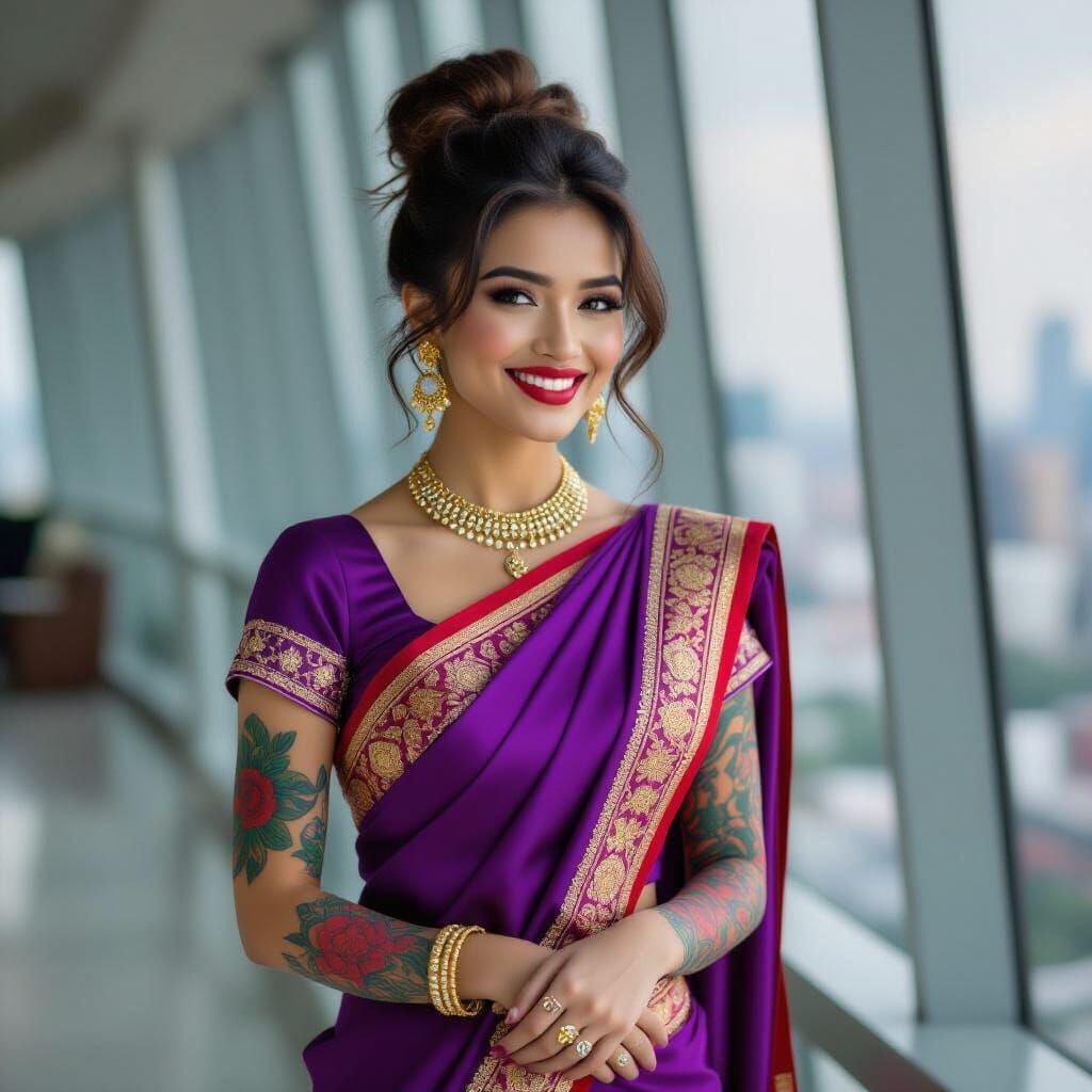 Joyful Malaysian Woman in Vibrant Saree