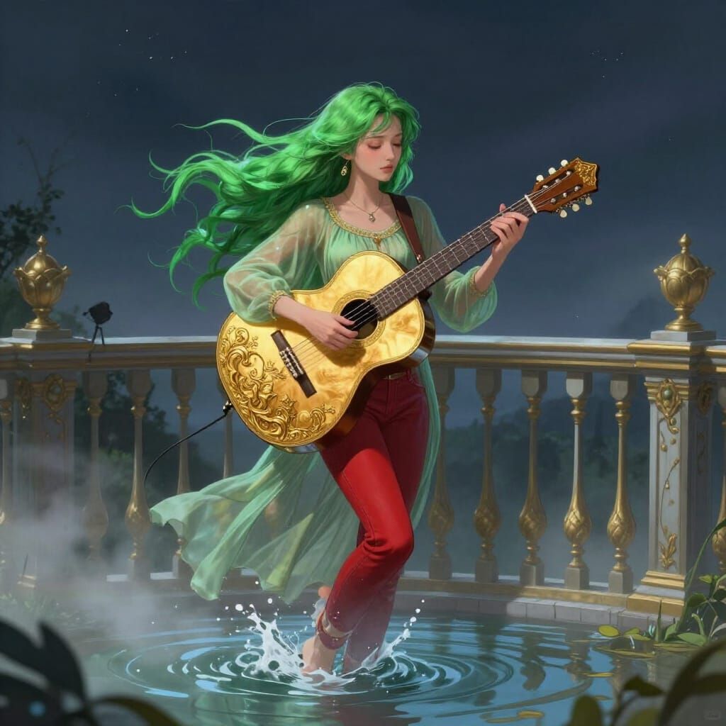Woman Plays Golden Guitar on Balcony at Night