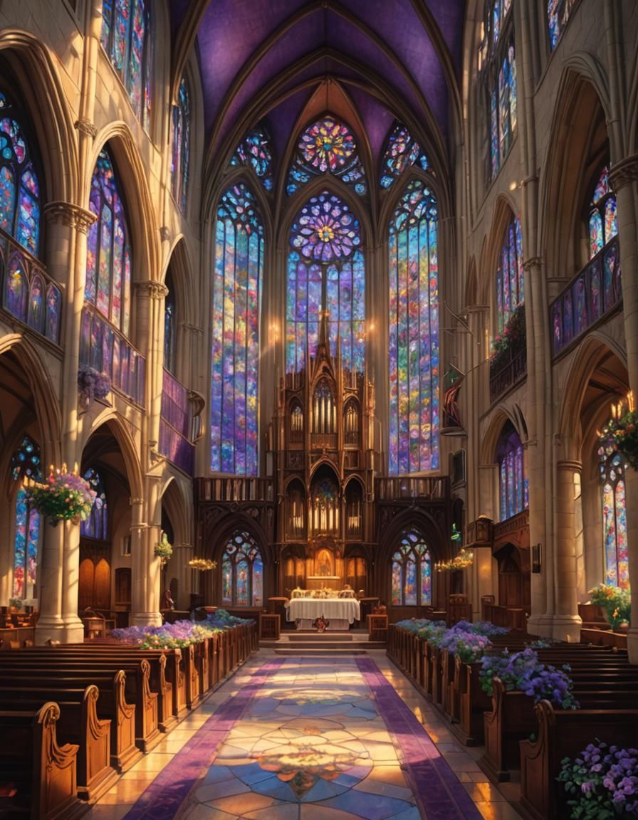 Cathedral Interior with Stained Glass and Buttercups
