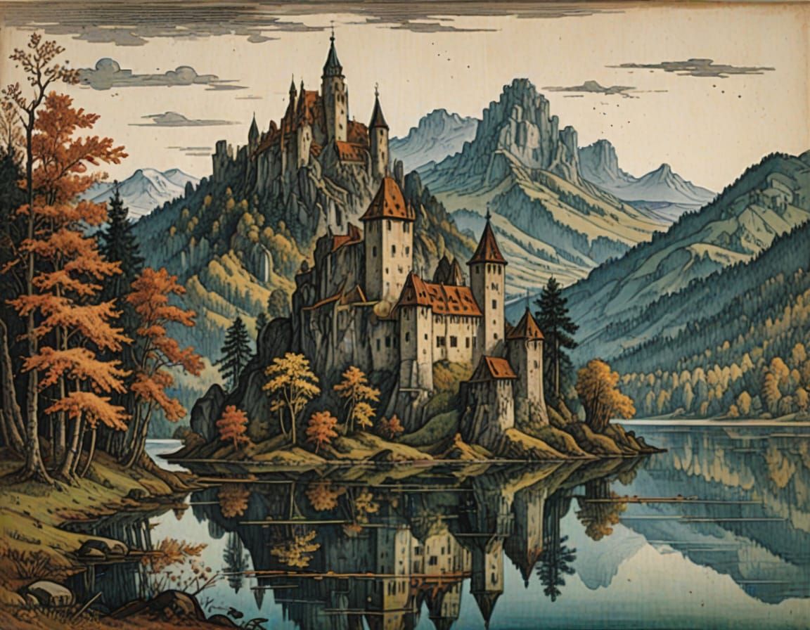 Woodcut of Ruined Island Castle in Autumn Mountains