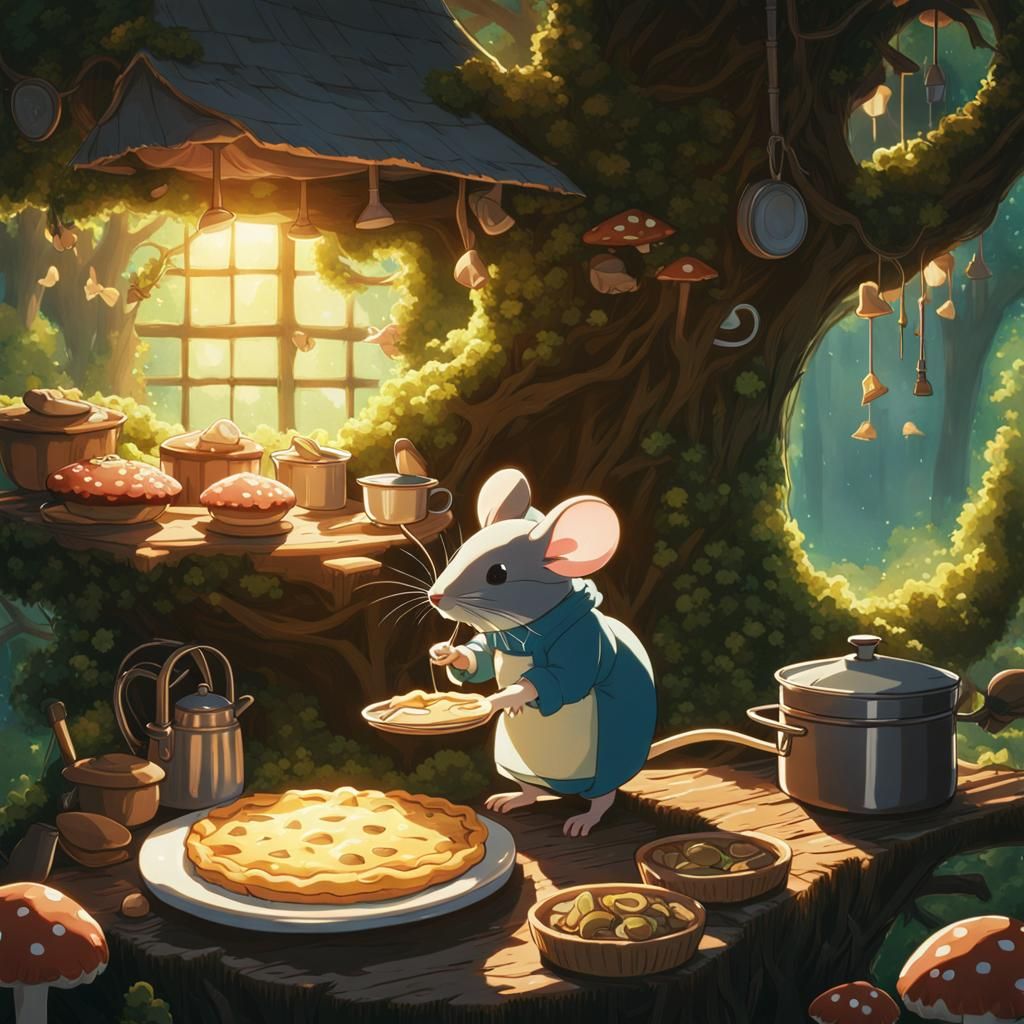 Mouse Cooks Pie in Cottagecore Treehouse, Ghibli Style