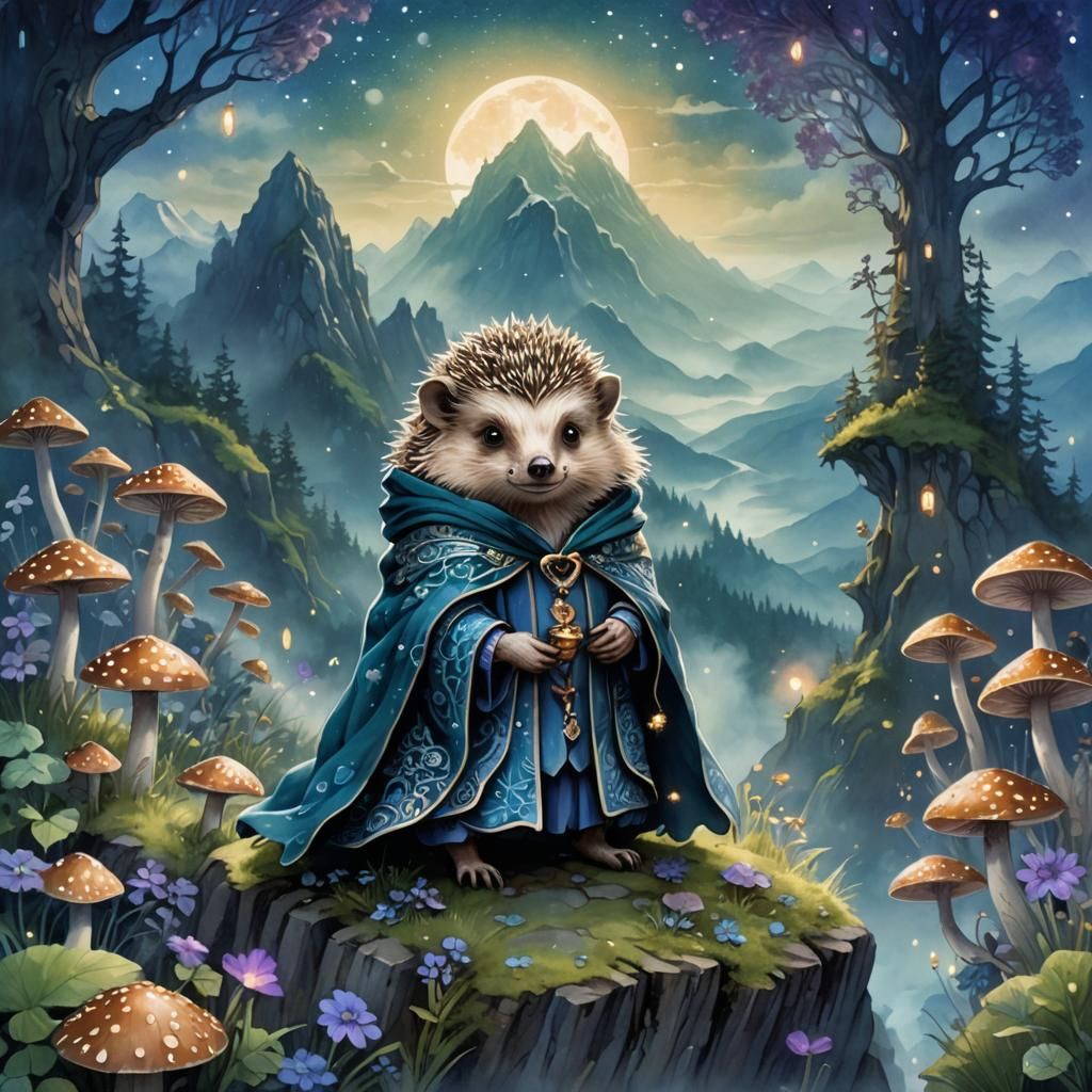 Chibi Hedgehog in Fantasycore Cyanotype Style