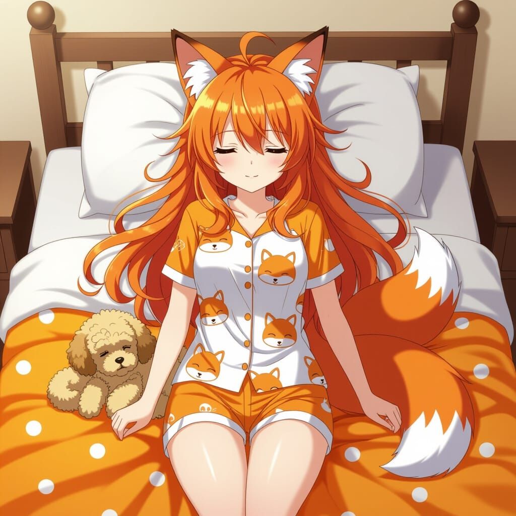 Anime Fox Girl and Puppy Sleeping Peacefully