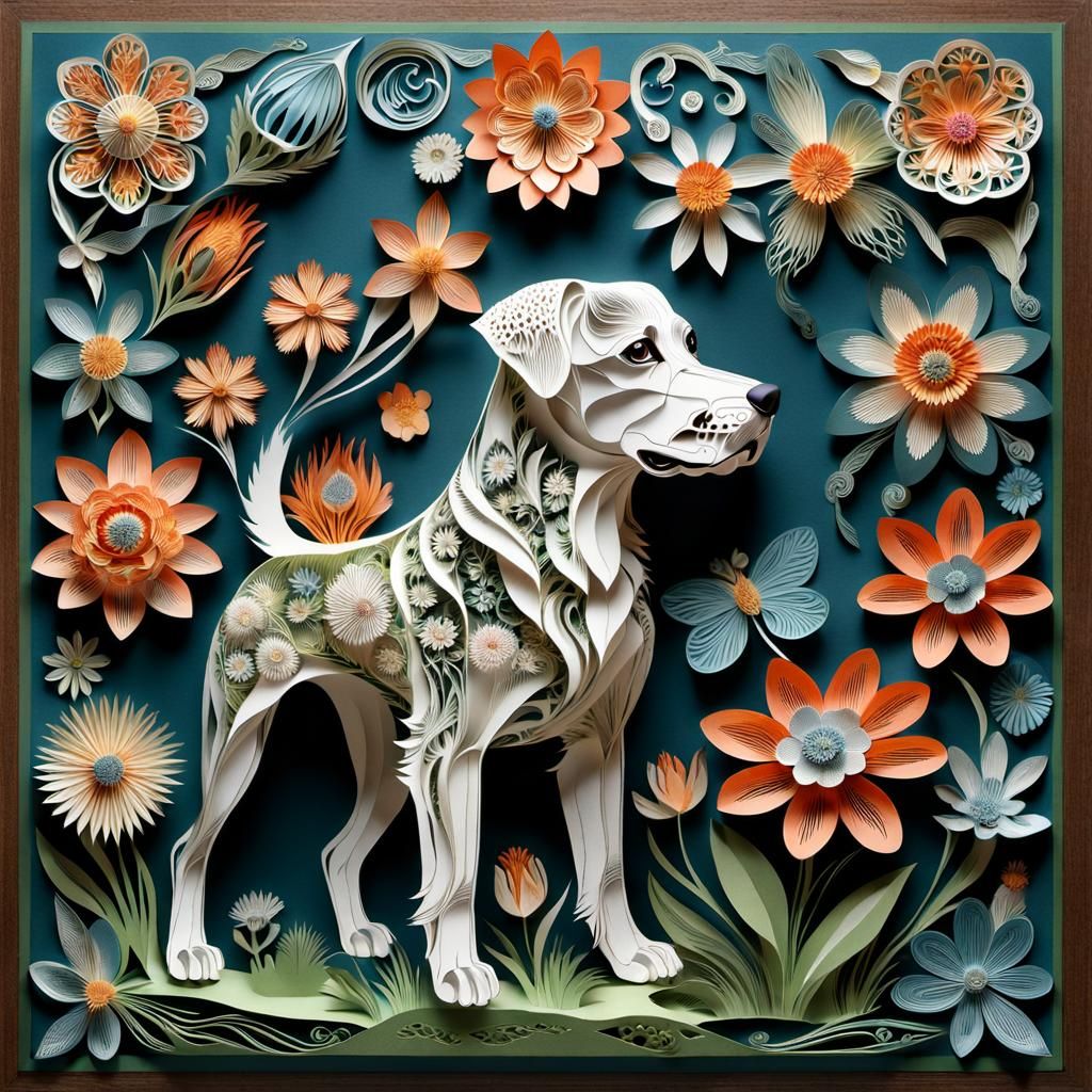 Dog Holding Flowers as 3D Paper Art