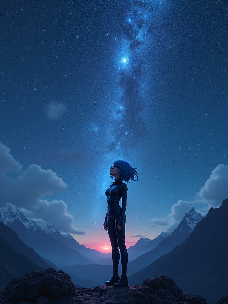 Woman Gazing at Starry Sky in Psychedelic Style