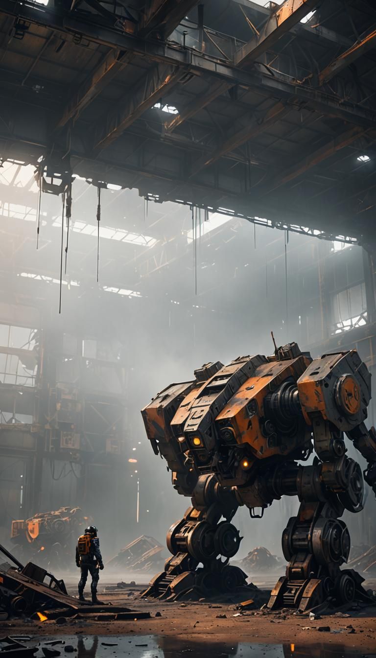 Sci-Fi Mech in Abandoned Hangar: Cinematic Concept Art