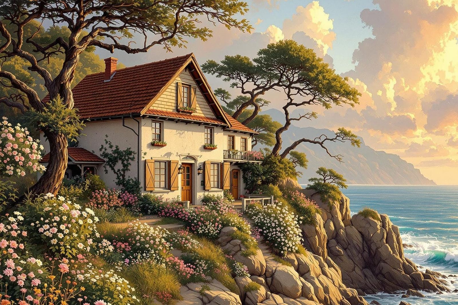 Quaint Seaside Cottage at Sunset in Dreamy Impressionist Sty...
